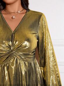 Allurite Plus Size Plain V-Neck Long Sleeve Twist Knot Gathered Blouse, Casual Everyday Wear