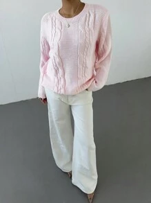 Aloruh 新款女士粉色圆领休闲长袖套头毛衣，秋冬款 - 淺粉色 - 查看 3