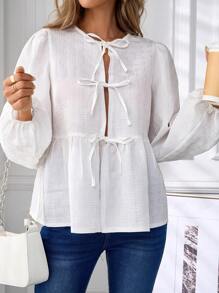 SHEIN Clasi 女式休闲长袖衬衫，带结饰和荷叶边下摆，适合秋季 - 白色 - 查看 4