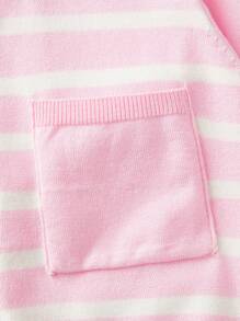 SHEIN LUNE Striped Print Round Neck With Buttons And Pockets Long Sleeve Knitted Cardigan - Baby Pink - View 4