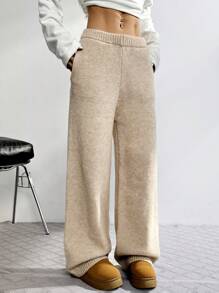 SHEIN EZwear Quần dệt kim ống đứng lưng thun màu trơn cho nữ - Xám - Xem 4