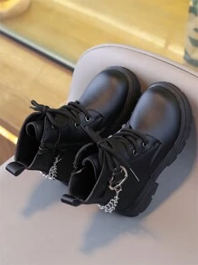 新款圆头儿童靴子休闲复古平底女童短靴防滑耐磨中大童鞋女童学生朋克靴 - 黑色 - 查看 4