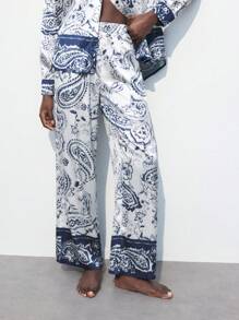 Maija Women's Paisley Print Placement Pattern Blue Long Sleeve Button Shirt & Elastic Waist Pants 2 Pieces Set, Early Spring - Black - View 5