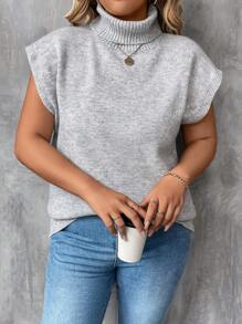 SHEIN LUNE Plus Size Women's Solid Color Mock Neck Short Sleeve Sweater, For Winter