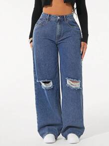 SHEIN SXY 女式宽松破洞阔腿休闲牛仔裤，带口袋