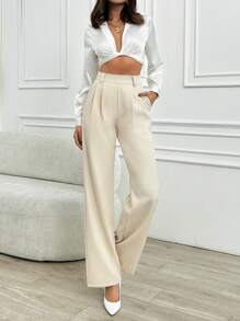 SHEIN Pantalon large taille haute couleur unie pour femmes