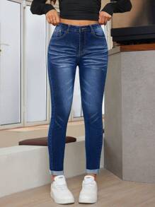 SHEIN Essnce Simple Stylish Fitted Denim Jeans, Suitable For Casual Outings - Dark Wash - View 3