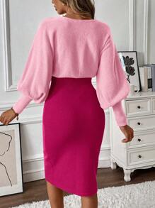 Chiquease 女士双色不对称领灯笼袖腰部合身针织毛衣连衣裙