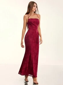 Glamine Rotes rückenfreies Spitzenkleid zum Binden für Damen, figurbetontes Kleid, rotes Kleid mit Satin-Print, sexy Partykleid, rotes langes Kleid, sexy rotes Kleid, sexy Damenkleider, formelles Kleid, Meerjungfrauenkleid - Bordeaux - Übersicht 4