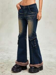 ROMWE Y2K 低腰破洞拼布蓬松下摆修身喇叭牛仔裤 - 藍色 - 查看 8