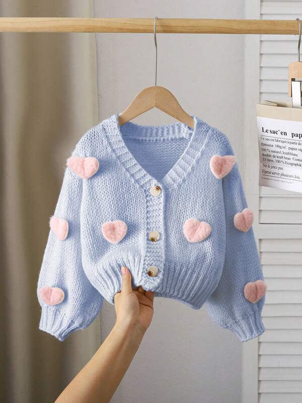 Young Girl Beige Casual Chic Cute Soft Minimalist Warm Versatile Elegant 3D Heart Lantern Sleeve Short Loose Knit Cardigan, Suitable For Home, Daily, School, Outdoor, Party, Autumn/Winter