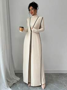 Elenzga 3-delige set dames gebreide fluwelen geribbelde hoge hals colorblock lange jumpsuit