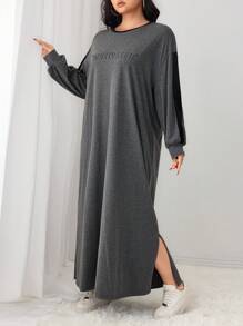 Mulvari Plus Size Color Block Letter Graphic Long Casual Dress, Autumn - Dark Grey - View 4
