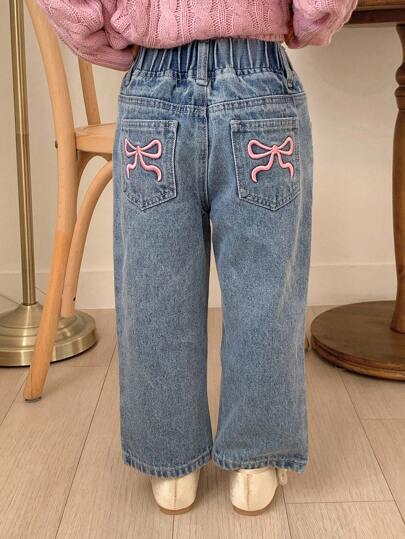 Dazy Kids Young Girl Casual Straight-Leg Jeans With Butterfly Embroidery, All-Match, Autumn
