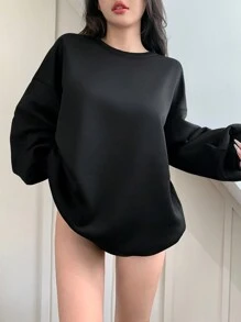 DAZY Crew Neck Casual Fleece Solid Color Loose Sweatshirt For Women,Fall Clothes - Black - View 4