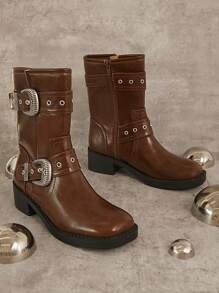 SHUZIA Double Buckle Chunky Slip-On Combat Ankle Boot - Black - View 5