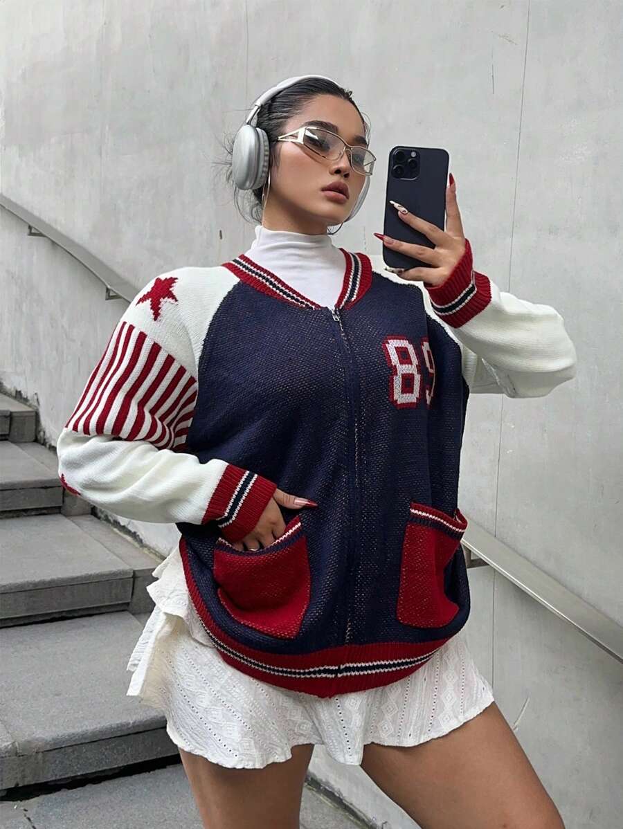 SHEIN MOOSTA 大码纯色拼接前拉链图案细节休闲针织套头衫 - 藍色 - 查看 1