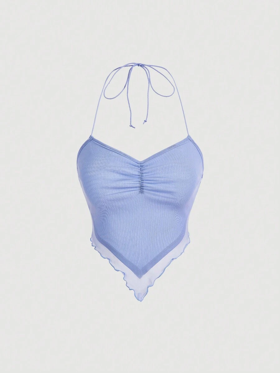 SHEIN ICON Ruched Tie Backless Hanky Hem Mesh Halter Top