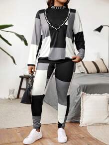 Calvaya Plus Size Casual Colorblock Plaid Beaded Decor Long Sleeve Top, Pants & Vest 3pcs Suit Set, Autumn