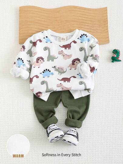 Cozy Pixies Set de 2 piezas de conjunto de ropa para bebé niño con capucha de manga larga con estampado de dinosaurio de dibujos animados y pantalones largos acampanados de color liso