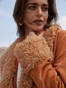 Aveloria French Style Fluffy Collar Patchwork Deer Velvet Mid-Length Belted Coat, Ladies Winter Jacket Fall Cloth For Women - Brown - View 3