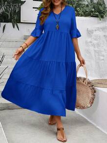 EMERY ROSE 大码女式深 V 领荷叶边袖多层下摆长款黄色连衣裙（夏季） - 寶藍色 - 查看 1