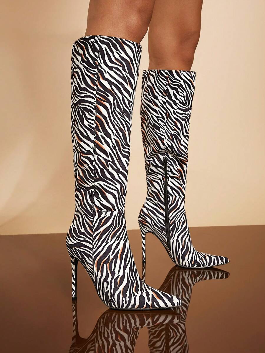 SHUZIA Sepatu Bot Setinggi Lutut Bertali Ujung Lancip Motif Zebra, Cocok untuk Liburan Musim Panas, Sepatu Musim Semi, dan Sepatu untuk Liburan Paskah. - MultiWarna - View 1