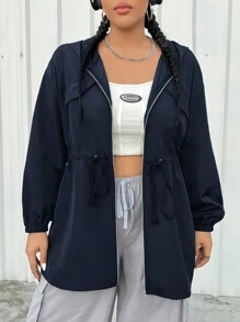 SHEIN EZwear Plus Size Women Solid Color Zipper Front Hooded Jacket, Suitable For Autumn Fall Winter - Navy Blue - View 7