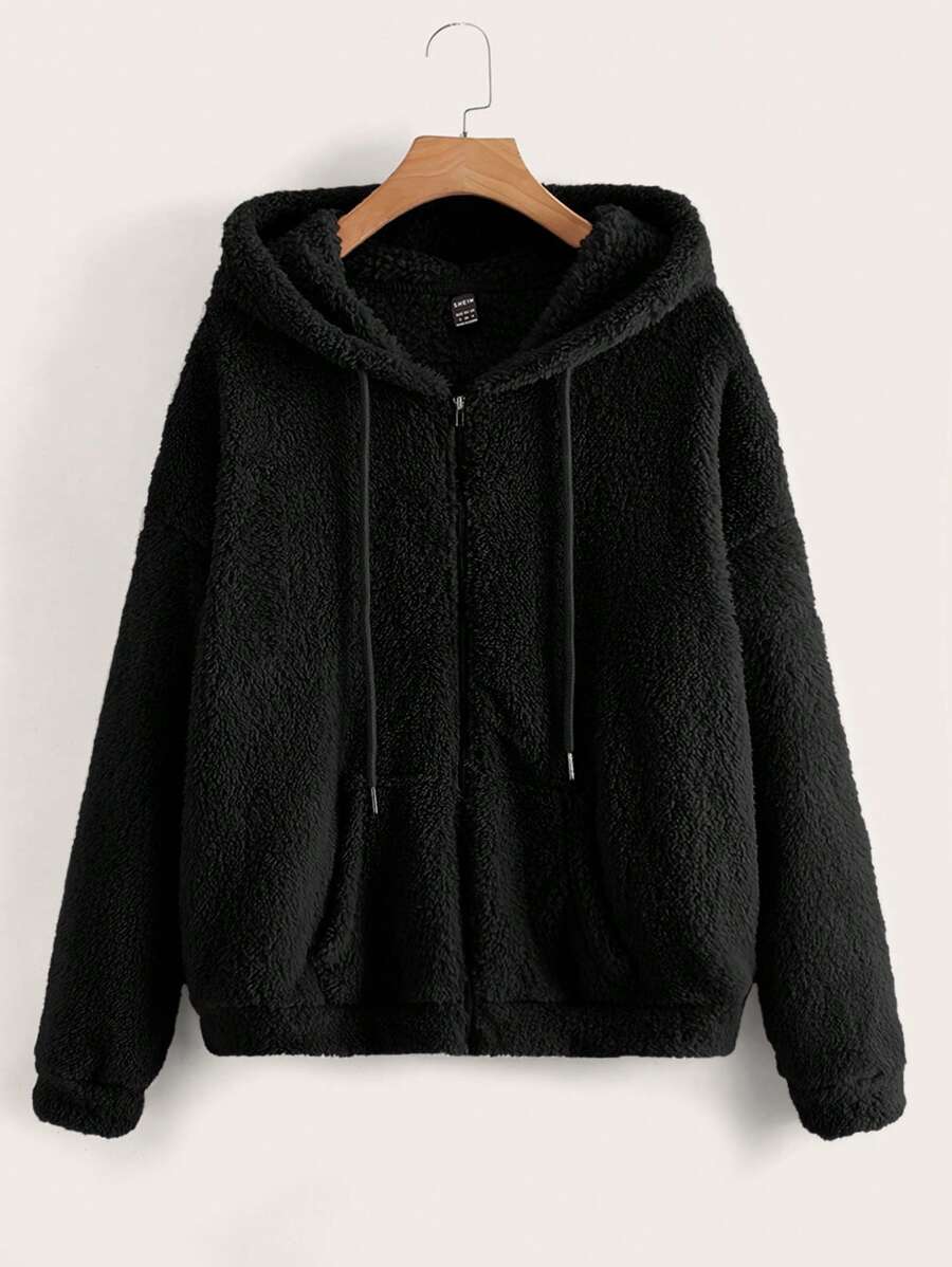 SHEIN PETITE معطف هودي تيدي بسحاب وخصر منسدل - الأسود - مشاهدة 1