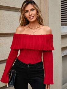 Women's Solid Color Off Shoulder Flared Sleeve Casual Sweater, Autumn/Winter - Red - View 8