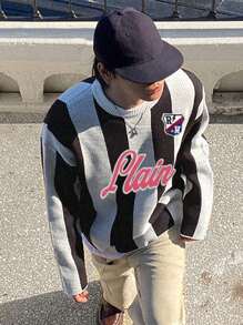 DAZY Men's Striped Letter Patch Sweater, Autumn