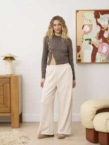 Aralina Luxe Marle Assymetric Stud Design Yarn Long Sleeve Knitted Cropped Sweater - Coffee Brown - View 19