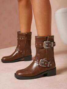 SHUZIA Double Buckle Chunky Slip-On Combat Ankle Boot - Black - View 3