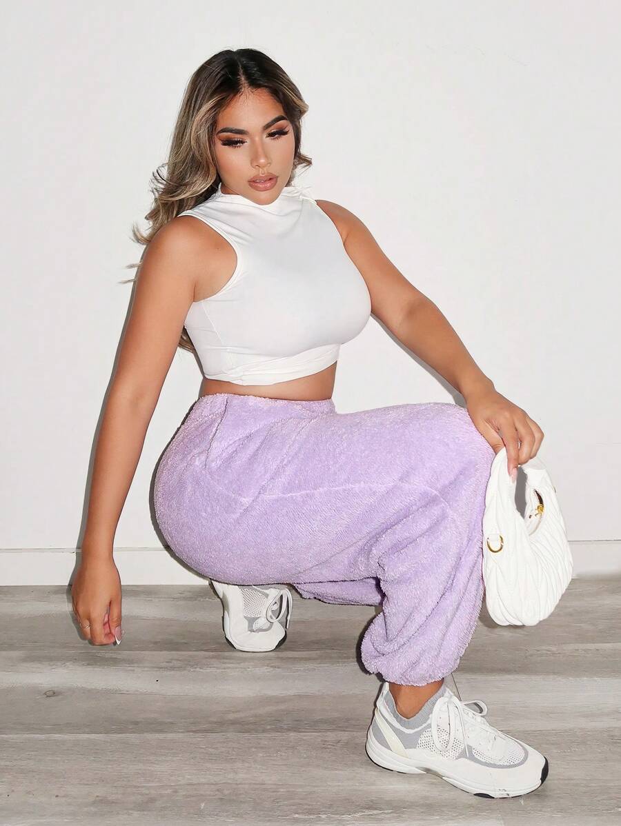 Zolique Women Solid Color Elastic Waist Drawstring Relaxed Fit Fleece Sweatpants Fall Cloth For Women