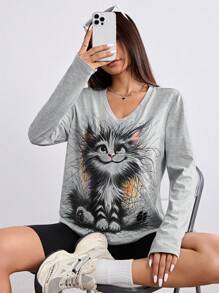 SHEIN EZwear 女士休闲纯色 V 领长袖宽松 T 恤 - 淺灰色 - 查看 3
