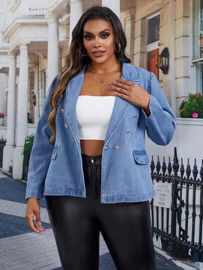 SHEIN Essnce 秋季大码休闲双排扣保暖牛仔夹克