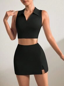 Conjunto de ropa deportiva de verano para mujer que incluye top sin mangas con cuello polo de unicolor y falda short con cintura elástica y abertura lateral