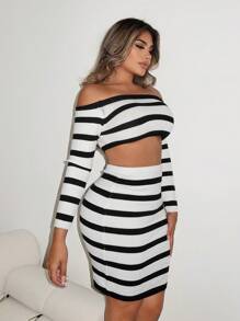 Zolique Women's Black And White Striped Two-Piece Knitted Sweater Set,Cropped Off Shoulder Long Sleeve Top & Slim Fit Skirt,Chic Night Out Autumn Outfit - Black and White - View 3