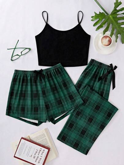3pcs Women Solid Color Camisole Top, Plaid Print Pants And Shorts Pajama Set, Christmas