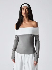 LYSMO T-shirt femme épaules dénudées de couleur contrastée - Gris - Voir 1