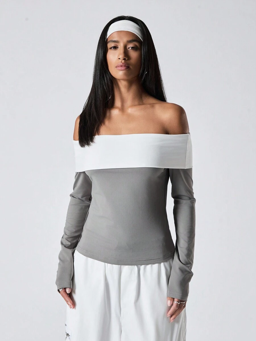 LYSMO T-shirt femme épaules dénudées de couleur contrastée - Gris - Voir 1