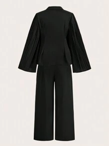 SHEIN BAE Traje de chaqueta y pantalones de pernera ancha elegantes para viajes de negocios, talla grande, con chaqueta negra con solapa, manga acampanada y plisado en la cintura, y pantalones de vestir de dos piezas