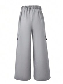 SHEIN Quần Cargo dáng rộng thoải mái cho bé gái tuổi teen có túi thêu hình ngôi sao năm cánh, thích hợp để mặc hàng ngày, đi làm và đi chơi bình thường vào mùa thu và đông - Xám - Xem 2