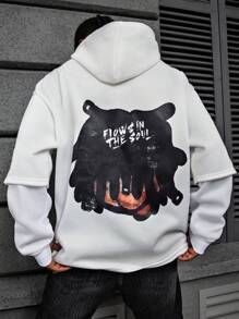 PAVTROS 男士年轻街头风格“Ins”白色二合一连帽衫，趣味街头风格，带有超大卡通印花、正面和背面超大图案印花、超大运动衫、动漫人物