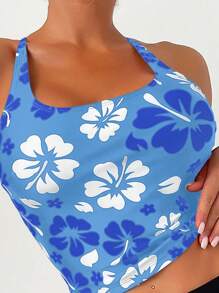 Swim Lushoire 夏季海滩花卉印花抽绳侧吊带比基尼套装