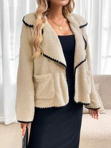 SHEIN LUNE 女式蓬松领口袋撞色边饰衬里夹克，秋冬款 - 卡其色 - 查看 5