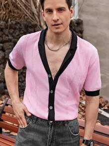 Manfinity Homme Camisa de punto de manga corta casual de hombre con colorblock y parches - Rosa - Ver 6
