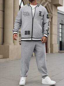 Manfinity Homme Plus Size Men's Letter Print Zip-Up Jacket And Pants Casual Tracksuit, Men 2 Pieces Set, Men Tracksuit Set, Men Outerwear Co Ords, Fall Clothes