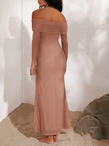 Opulessa 女士优雅浪漫简约露肩高开叉喇叭袖连衣裙