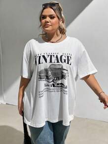 SHEIN CURVE+ Plus Size Casual Simple Design Crew Neck Short Sleeve Loose T-Shirts, For Summer - White - View 4